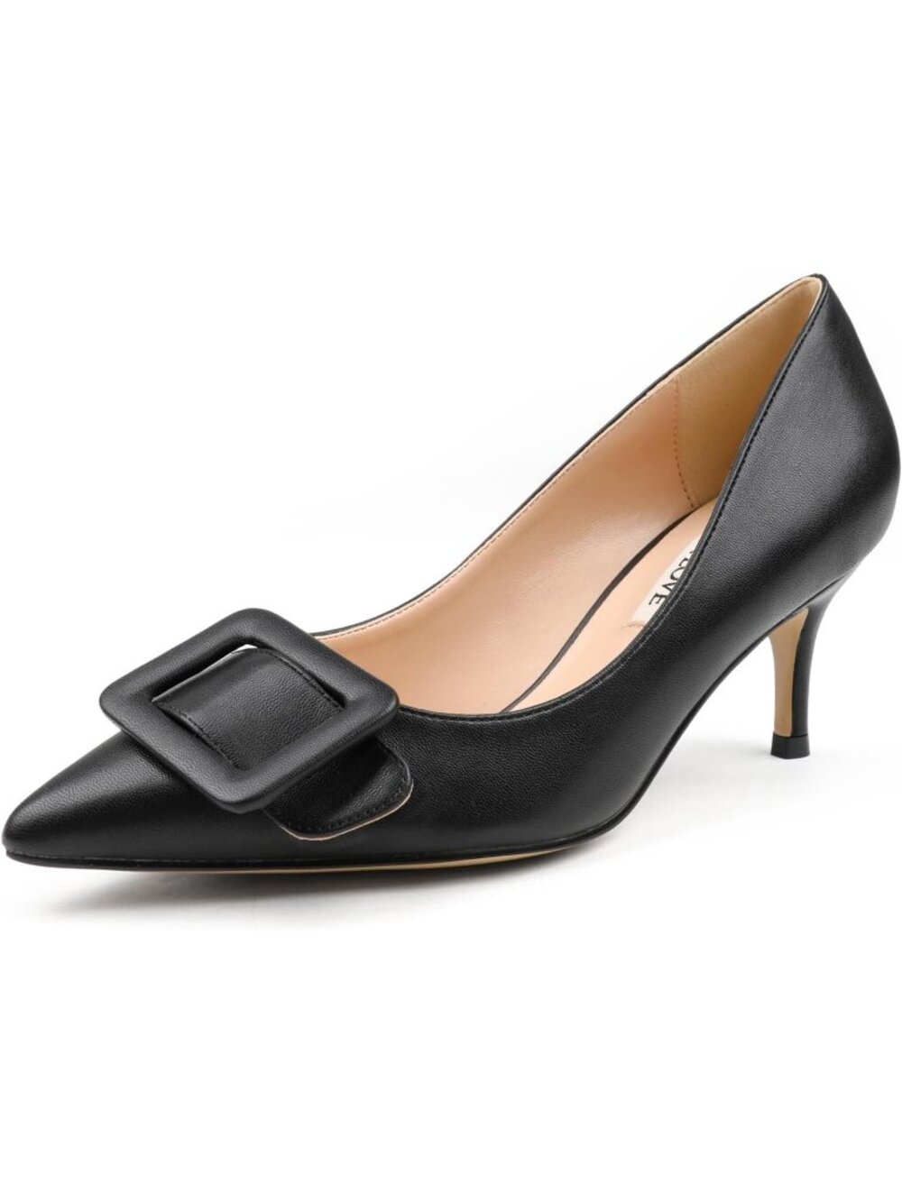 Women's Black Matte Kitten Heels Pumps Pointed Toe Square Buckle Dressy Shoes